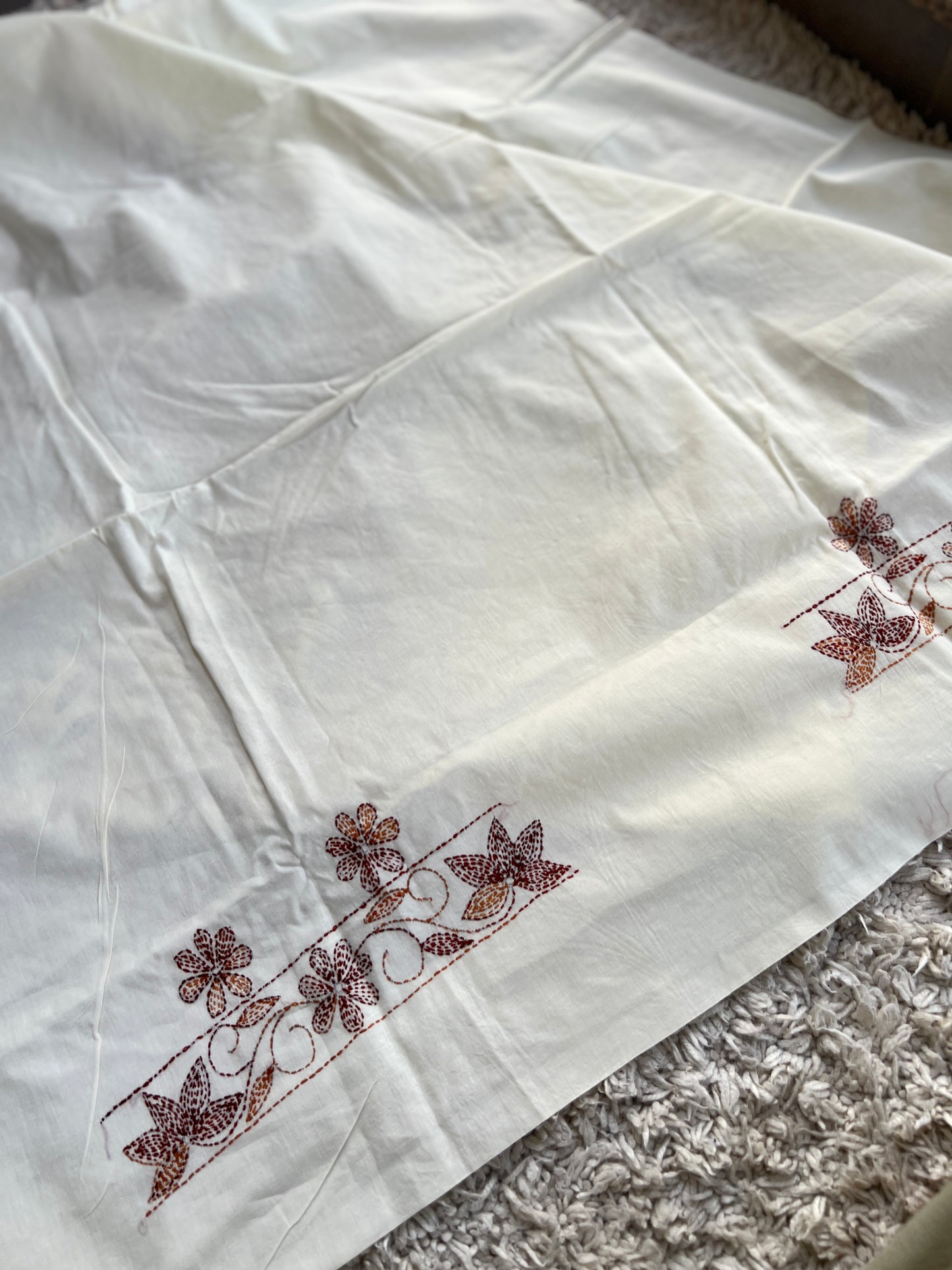White Brown Pure Cotton Kathiyawadi Embroidered Suit