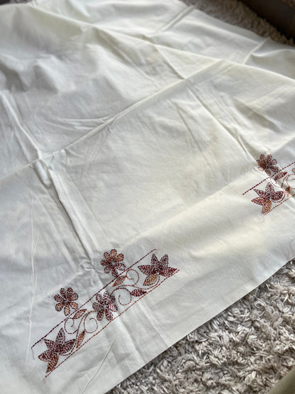White Brown Pure Cotton Kathiyawadi Embroidered Suit