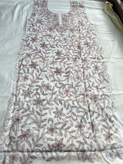 White Brown Pure Cotton Kathiyawadi Embroidered Suit
