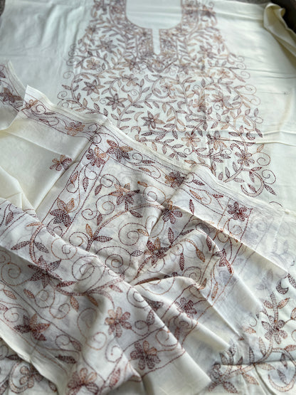 White Brown Pure Cotton Kathiyawadi Embroidered Suit