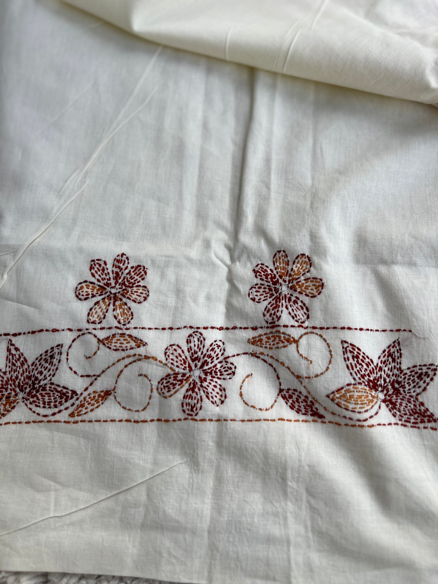 White Brown Pure Cotton Kathiyawadi Embroidered Suit