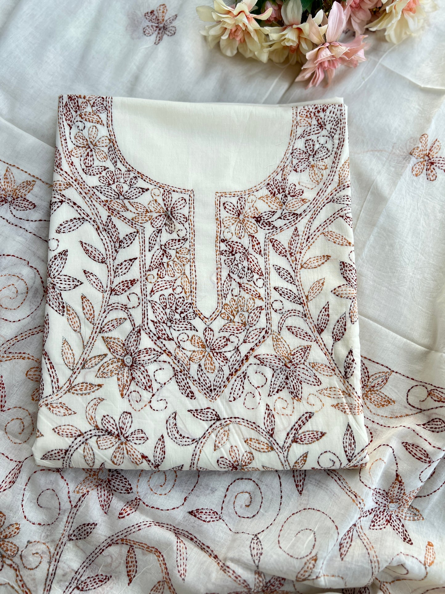 White Brown Pure Cotton Kathiyawadi Embroidered Suit
