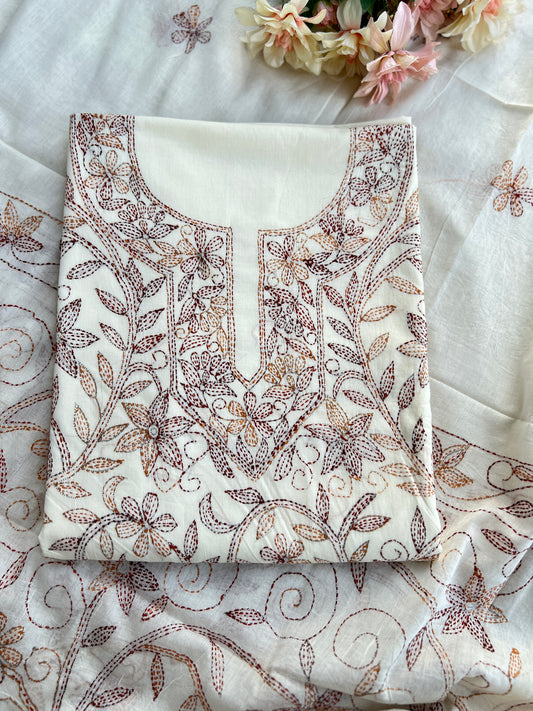 Beige Brown Pure Cotton Kathiyawadi Embroidered Suit