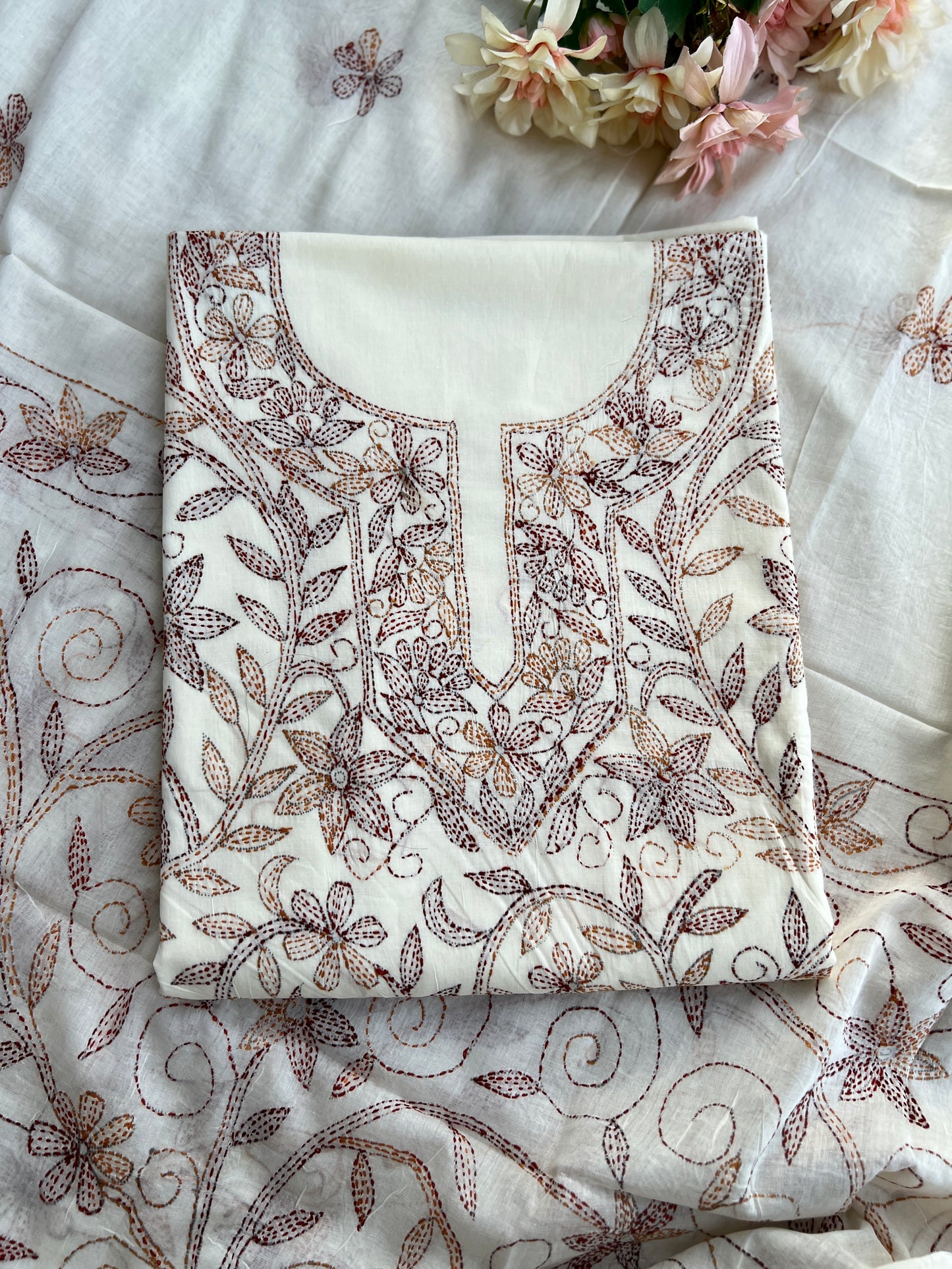 White Brown Pure Cotton Kathiyawadi Embroidered Suit