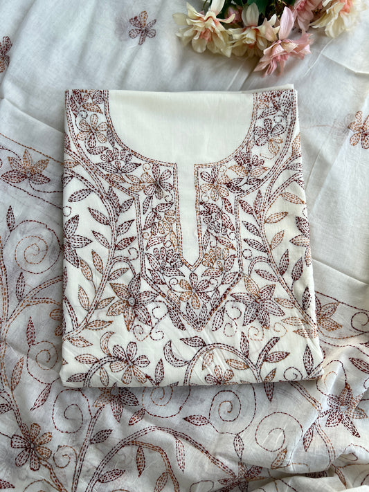 Beige Brown Pure Cotton Kathiyawadi Embroidered Suit