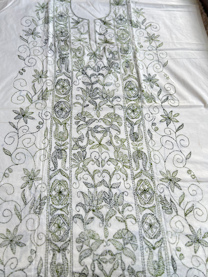 Beige Green Cotton Kathiyawadi Embroidered suit