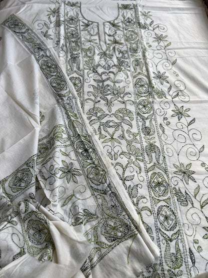 Beige Green Cotton Kathiyawadi Embroidered suit