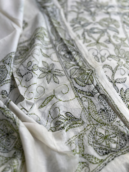 Beige Green Cotton Kathiyawadi Embroidered suit
