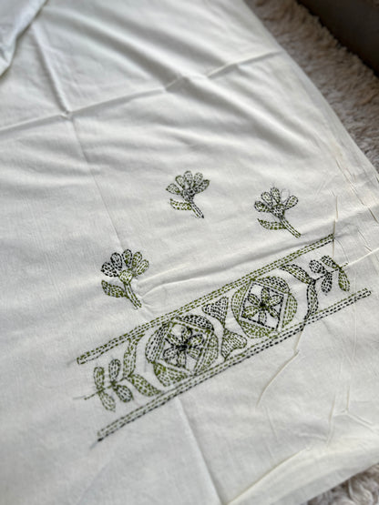 Beige Green Cotton Kathiyawadi Embroidered suit