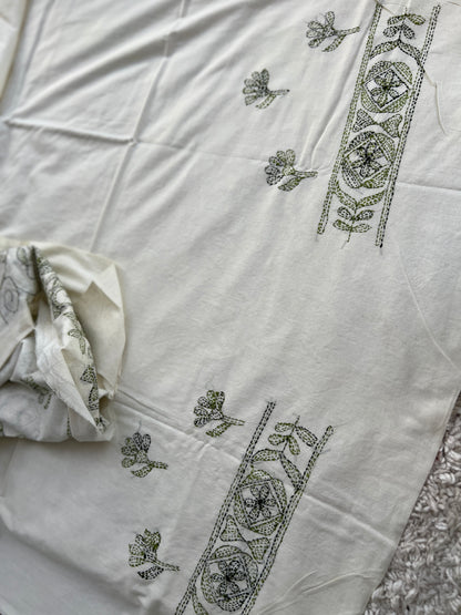 Beige Green Cotton Kathiyawadi Embroidered suit