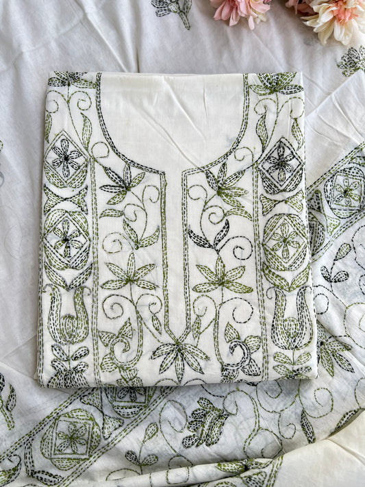 Beige Green Cotton Kathiyawadi Embroidered suit