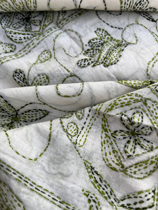Beige Green Cotton Kathiyawadi Embroidered suit