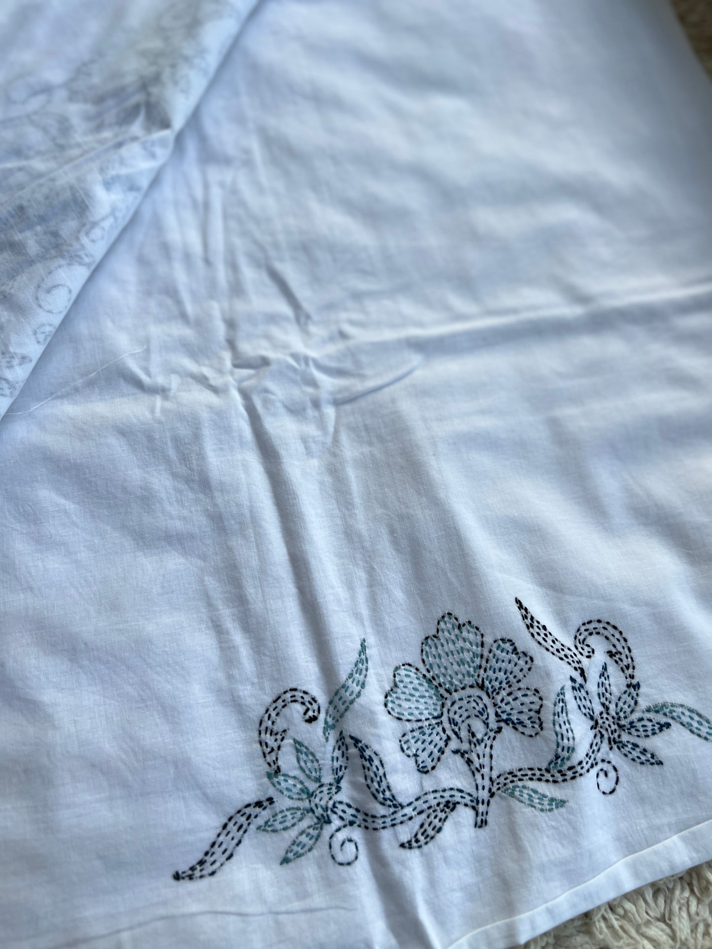 White Blue  Pure Cotton Kathiyawadi Embroidered suit