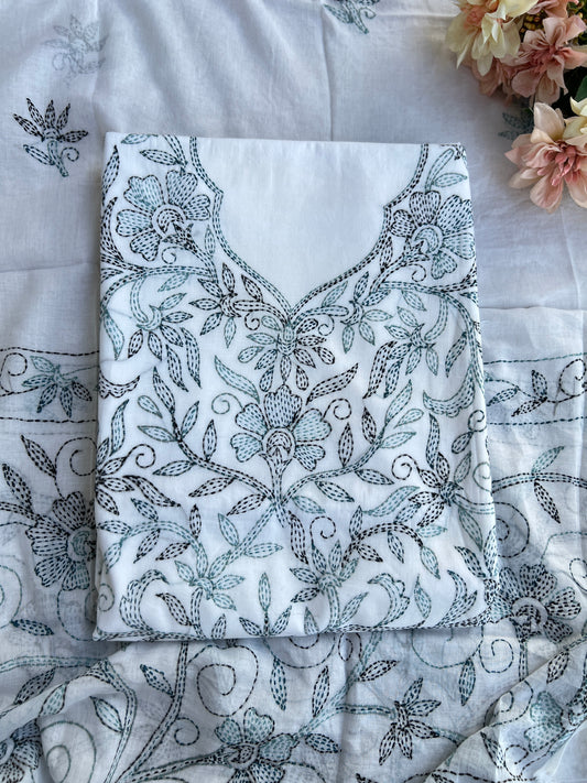 White Blue  Pure Cotton Kathiyawadi Embroidered suit