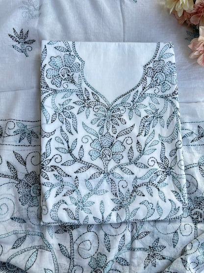 White Blue  Pure Cotton Kathiyawadi Embroidered suit