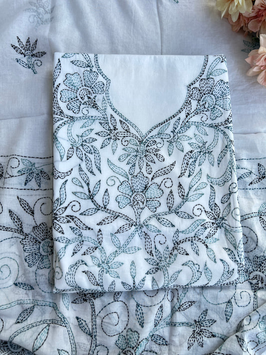 White Blue  Pure Cotton Kathiyawadi Embroidered suit
