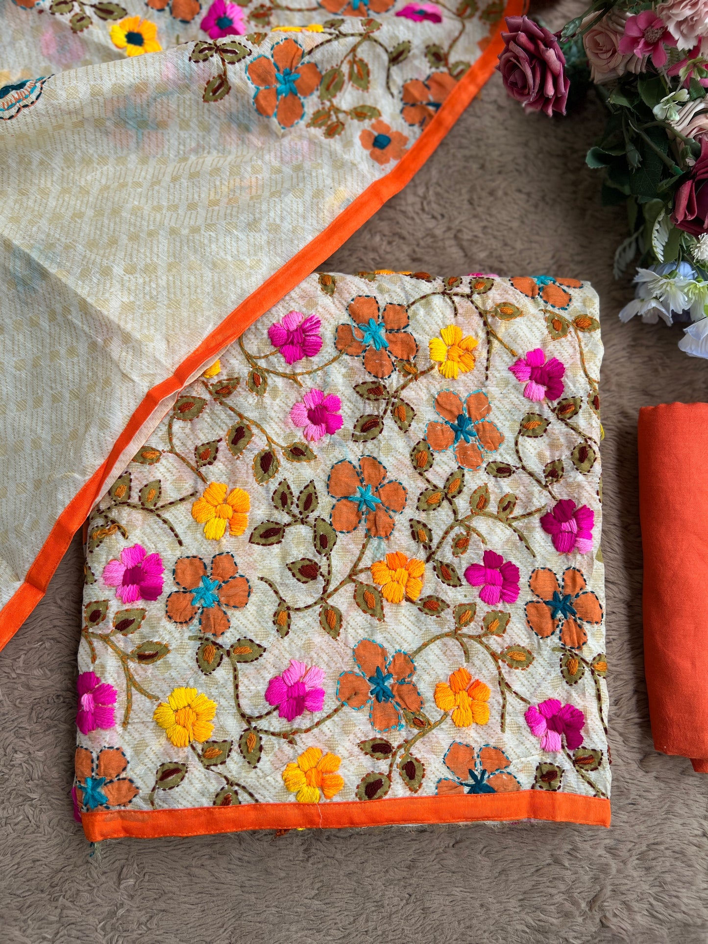 Floral Grace – Hand-Embroidered Chanderi Phulkari suit