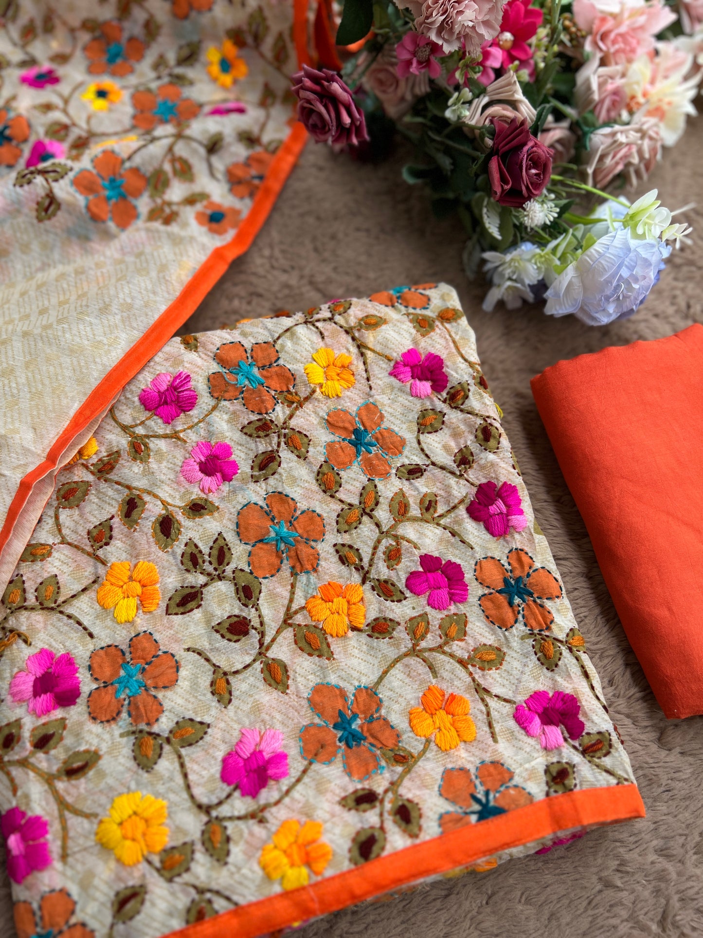 Floral Grace – Hand-Embroidered Chanderi Phulkari suit