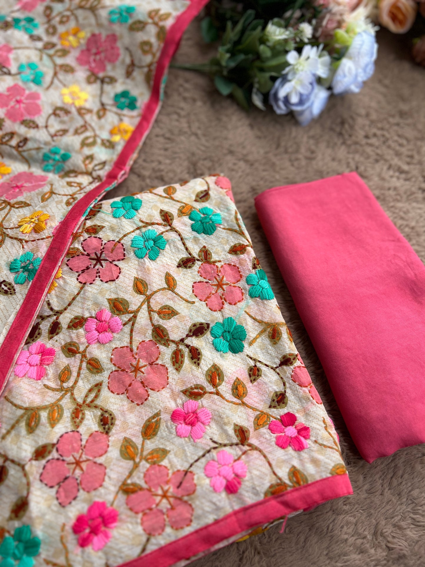 Floral Grace – Hand-Embroidered Chanderi Phulkari suit