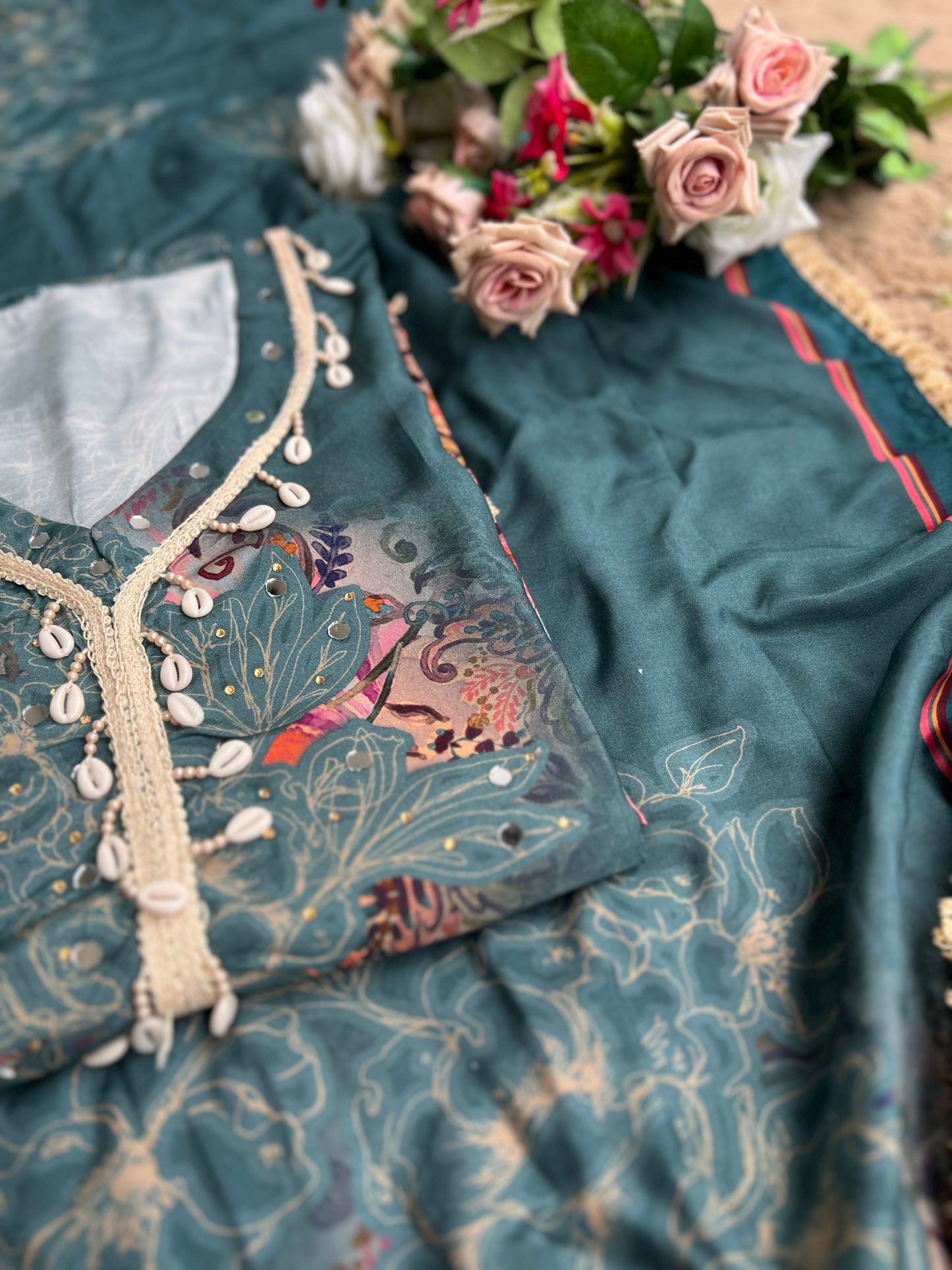 Stylish Printed Maslin Salwar Suit with Sea Shell Detailing