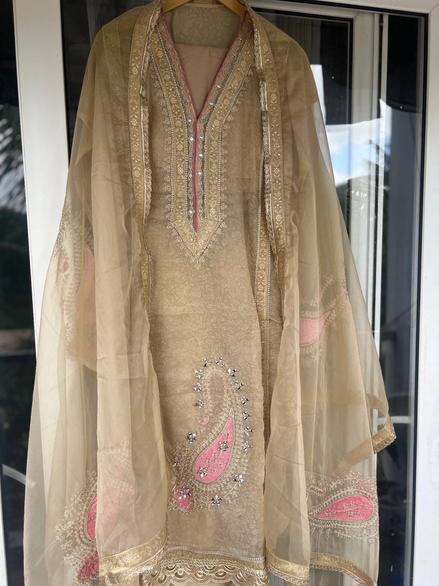 Elegant Ivory Crushed Brasso Semi-Stitched Suit with Lace & Patch Detailing