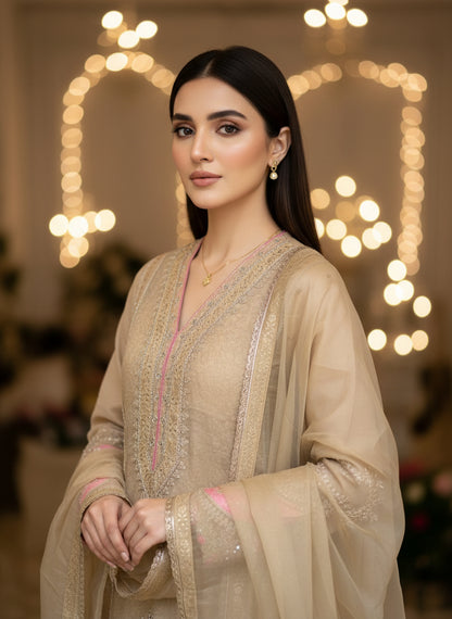 Elegant Ivory Crushed Brasso Semi-Stitched Suit with Lace & Patch Detailing