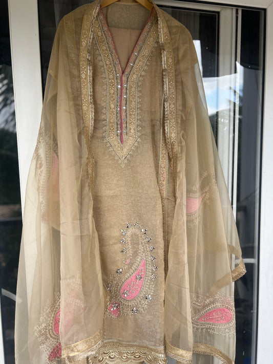 Elegant Ivory Crushed Brasso Semi-Stitched Suit with Lace & Patch Detailing