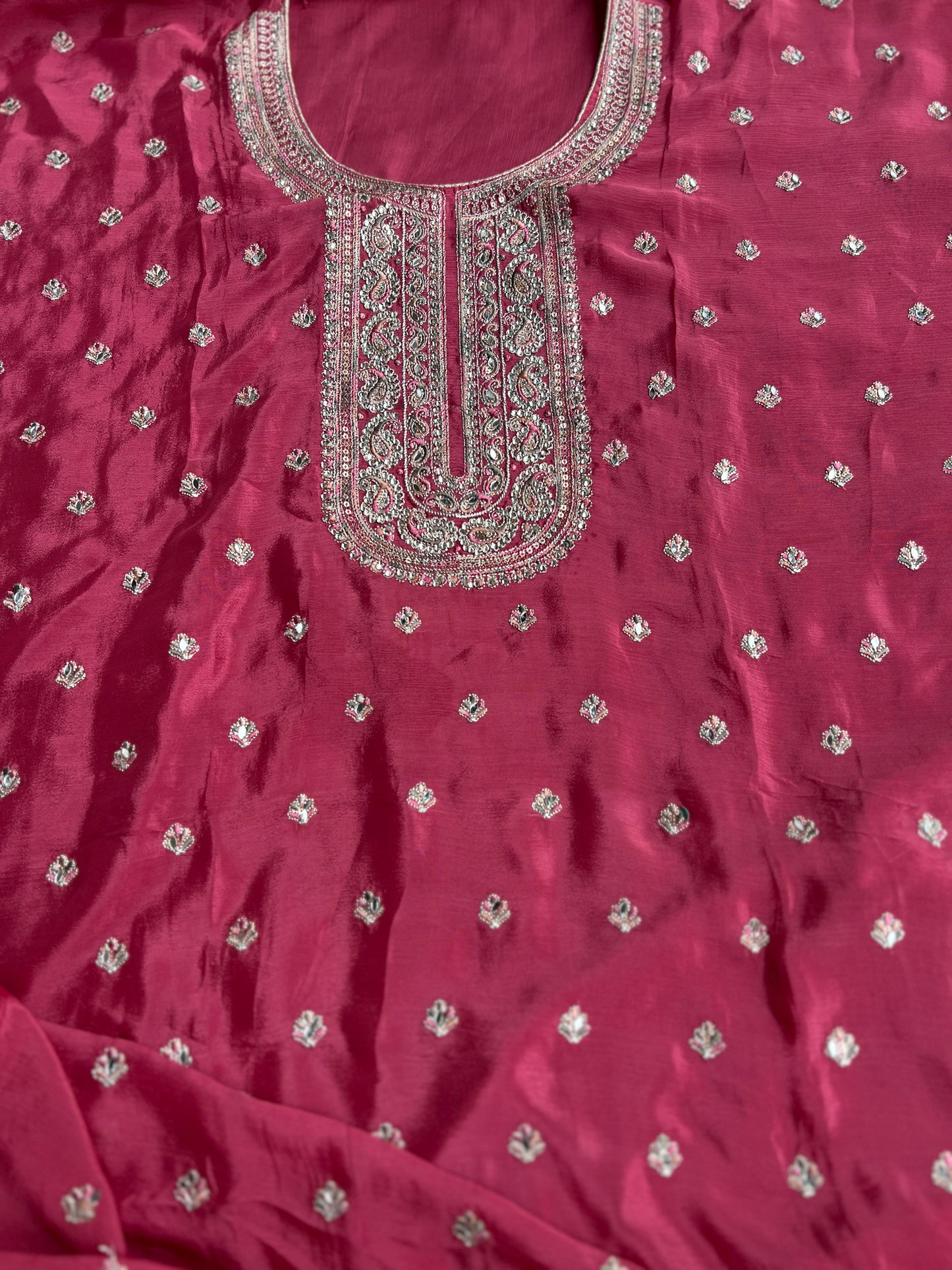 Elegant Chinnon Suit with Embroidered Neck & Daman