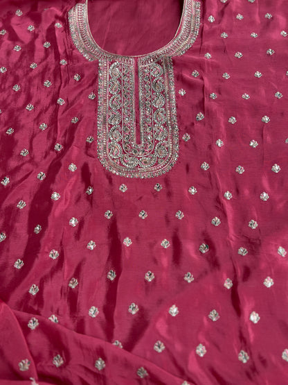 Elegant Chinnon Suit with Embroidered Neck & Daman