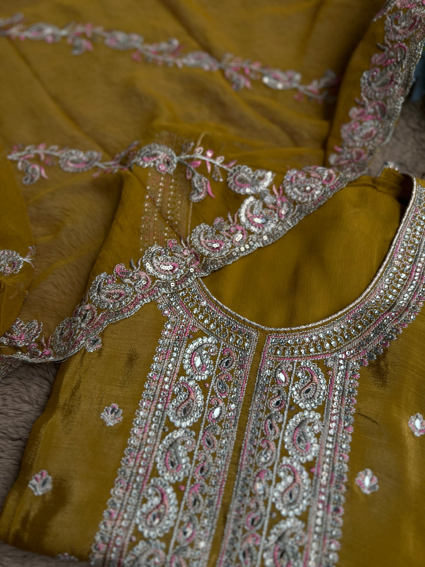 Elegant Chinnon Suit with Embroidered Neck & Daman