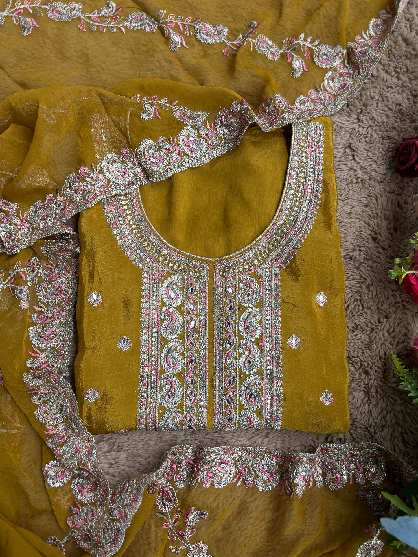 Elegant Chinnon Suit with Embroidered Neck & Daman