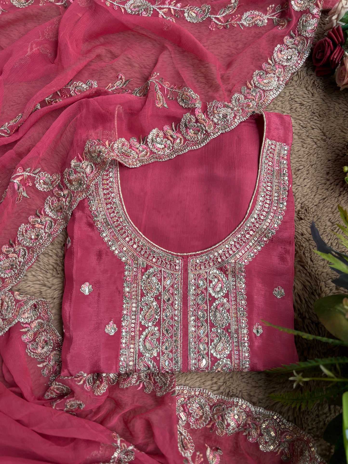 Elegant Chinnon Suit with Embroidered Neck & Daman