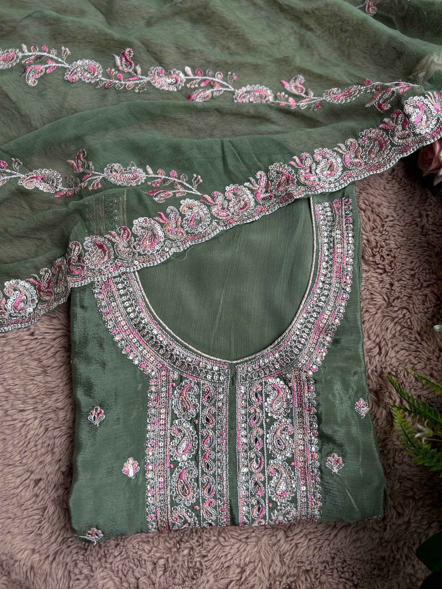 Elegant Chinnon Suit with Embroidered Neck & Daman