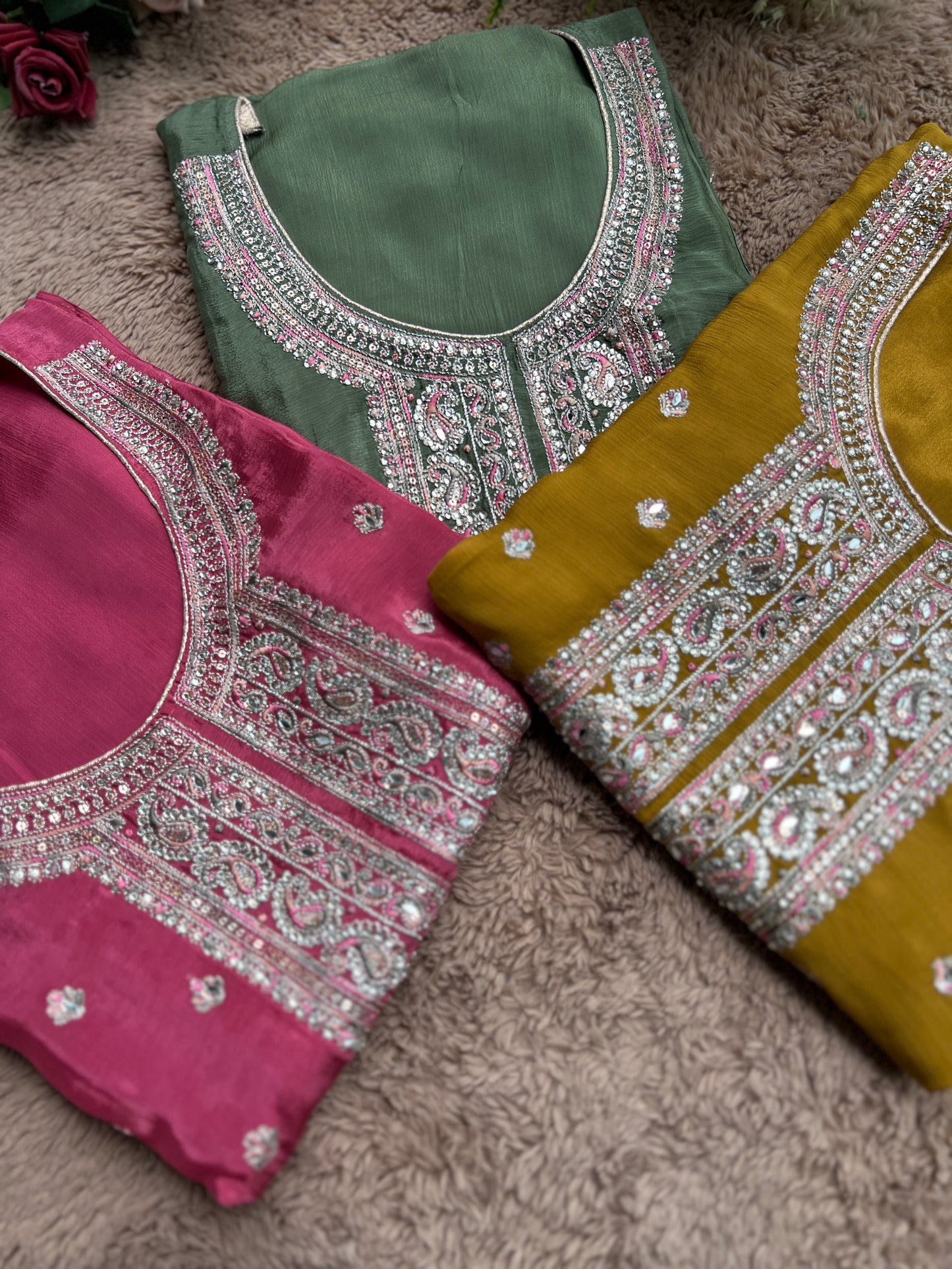 Elegant Chinnon Suit with Embroidered Neck & Daman