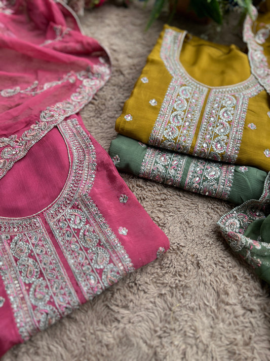 Elegant Chinnon Suit with Embroidered Neck & Daman