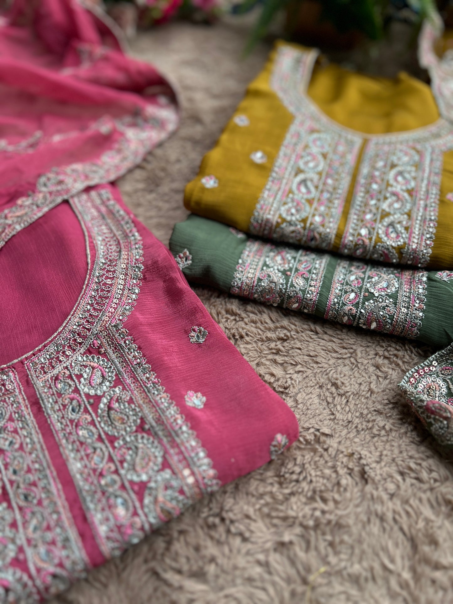 Elegant Chinnon Suit with Embroidered Neck & Daman
