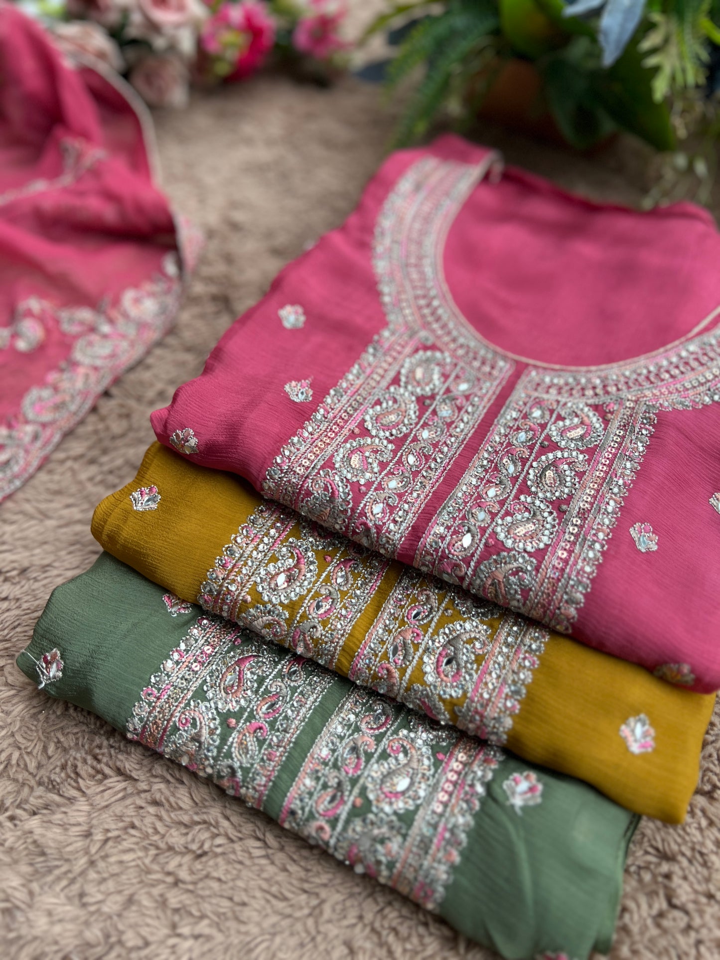 Elegant Chinnon Suit with Embroidered Neck & Daman