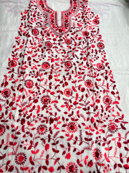 Crimson Bloom Embroidered Cotton Suit