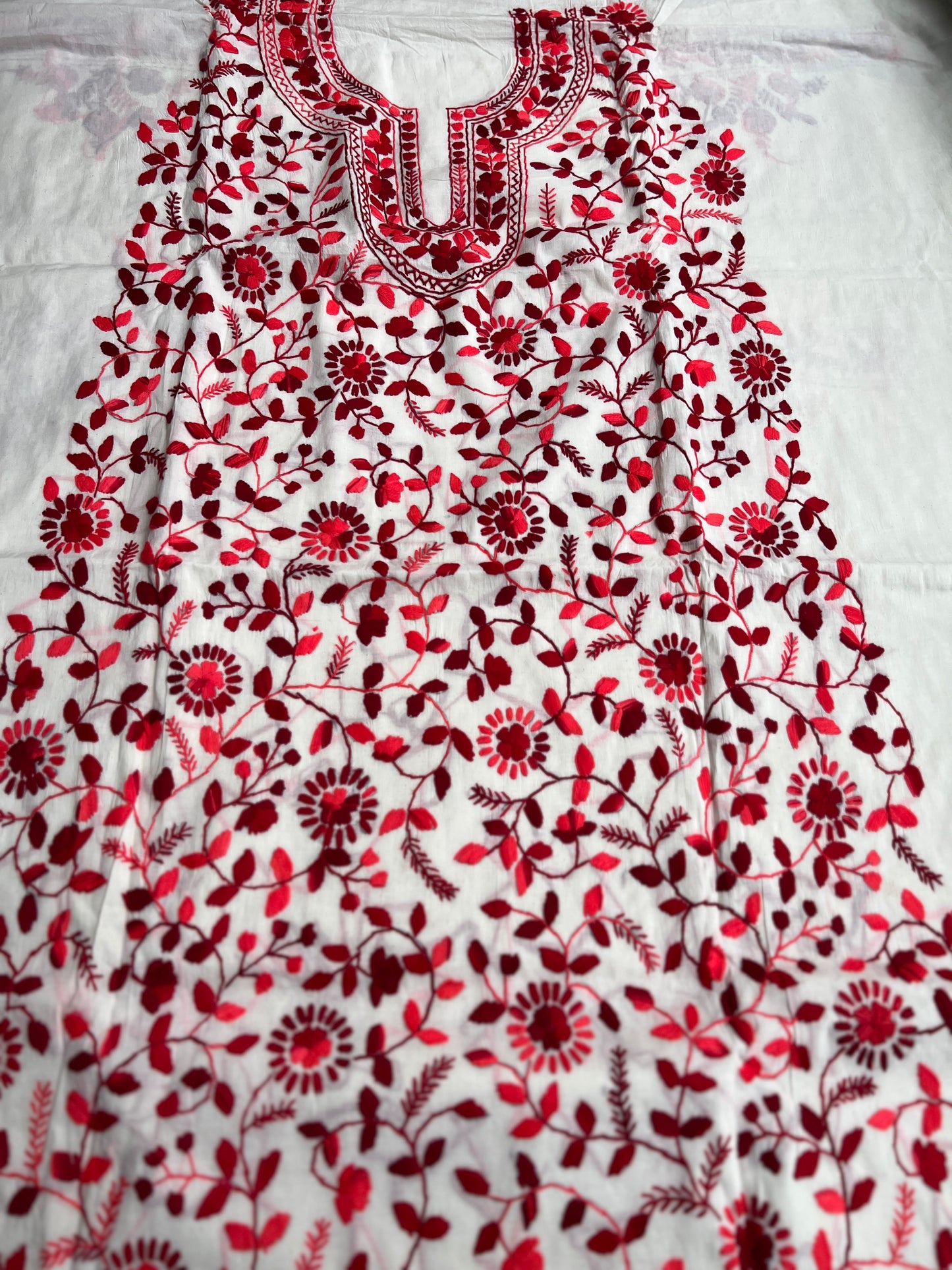 Crimson Bloom Embroidered Cotton Suit