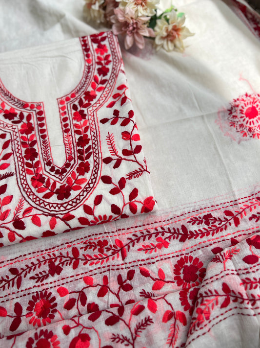 Crimson Bloom Embroidered Cotton Suit