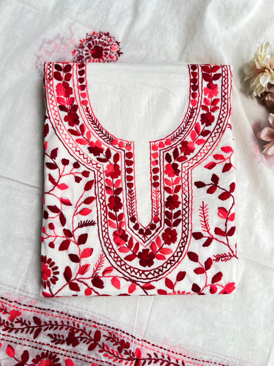 Crimson Bloom Embroidered Cotton Suit