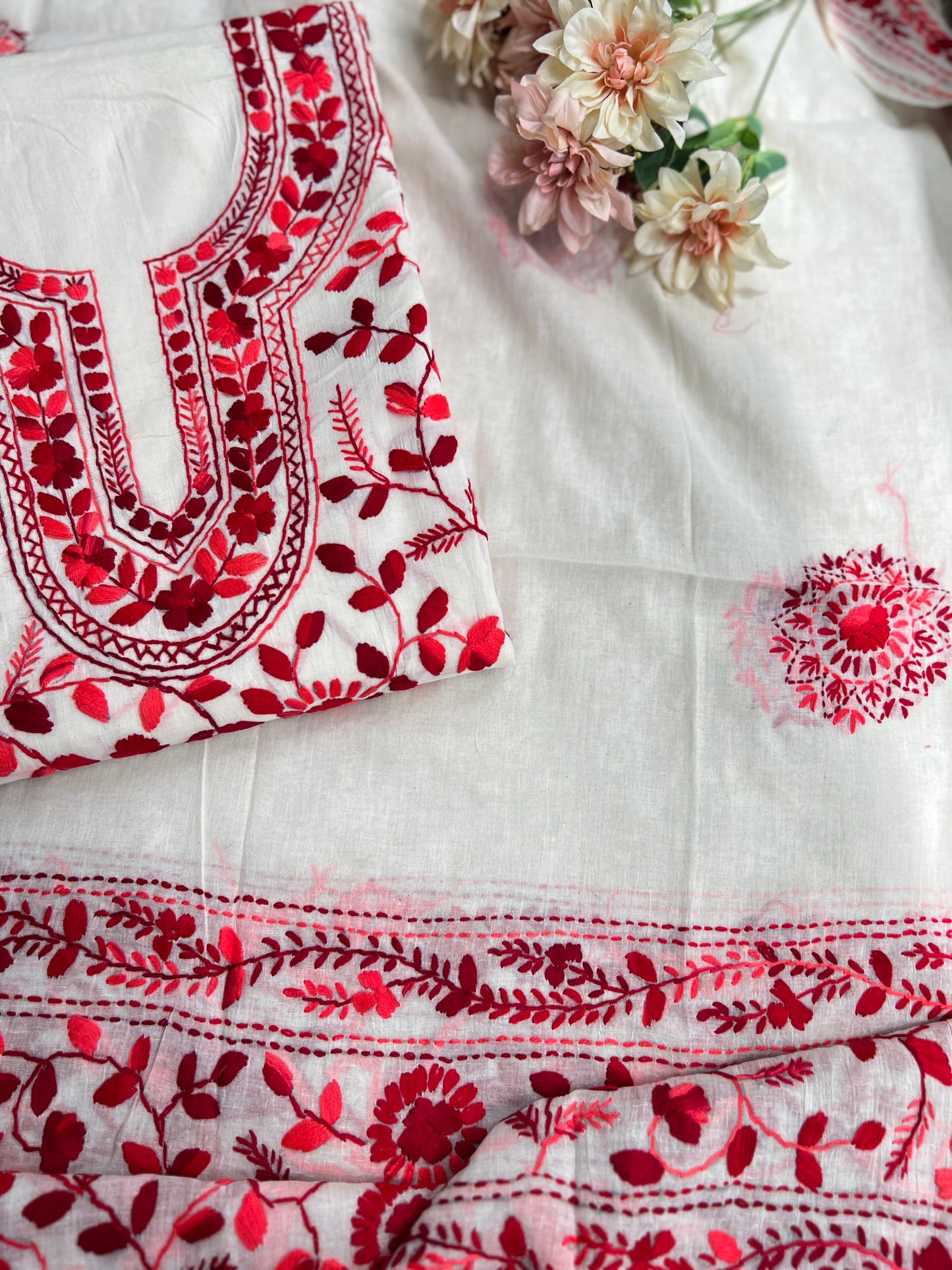 Crimson Bloom Embroidered Cotton Suit