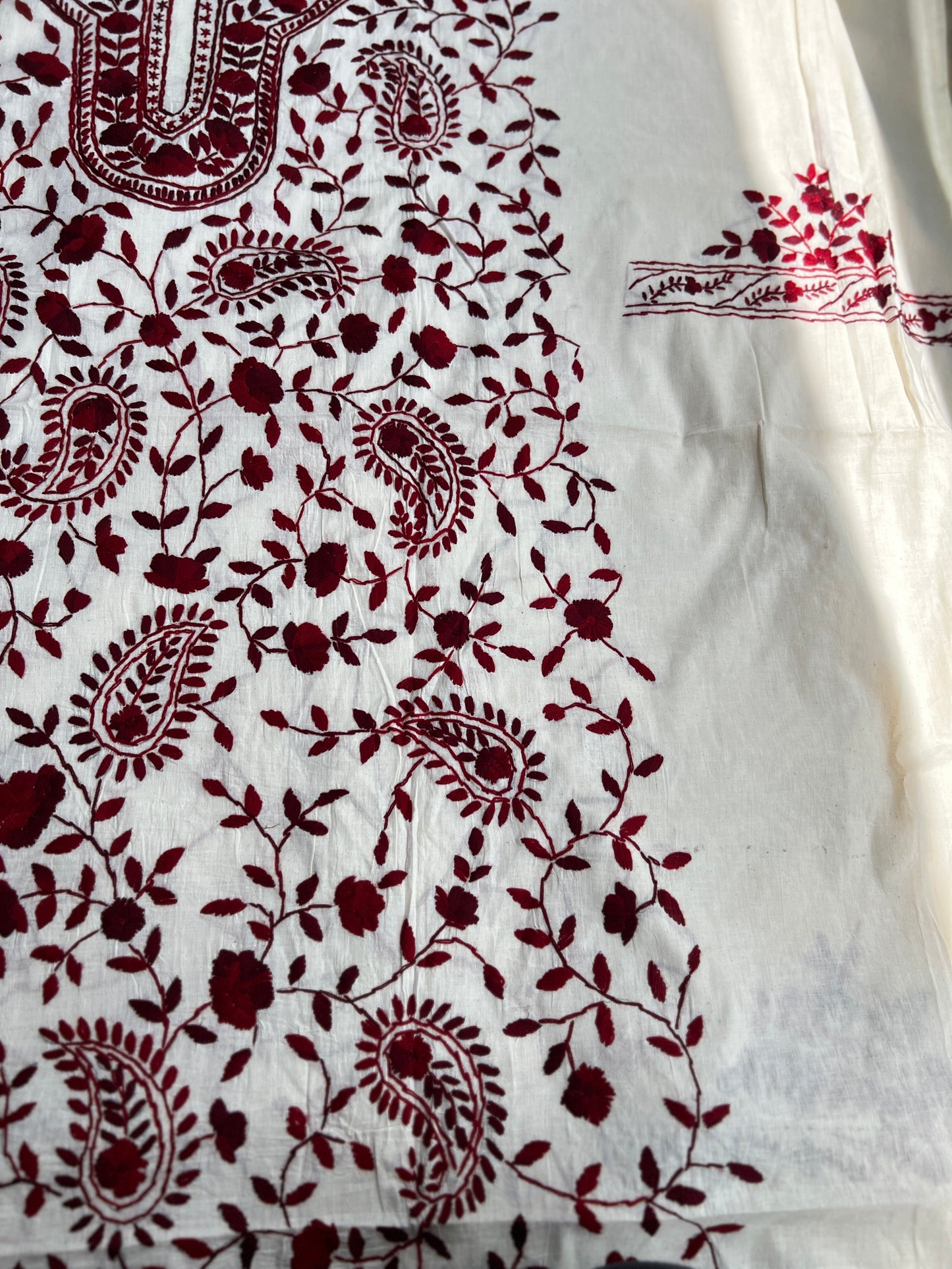 Ivory and Maroon  Hand Embroidered Cotton suit