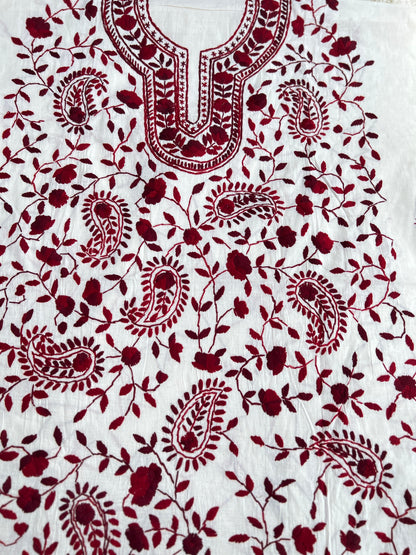 Ivory and Maroon  Hand Embroidered Cotton suit