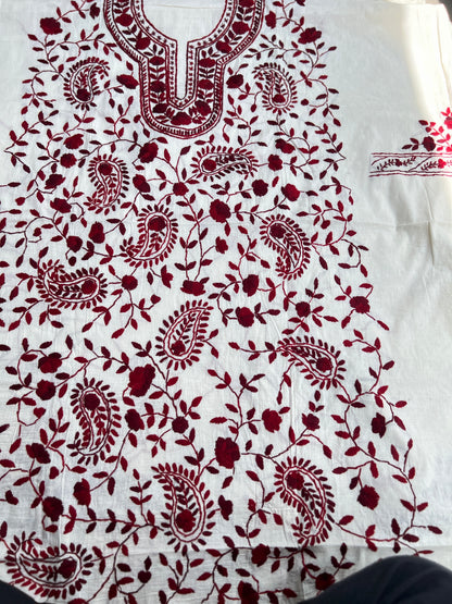 Ivory and Maroon  Hand Embroidered Cotton suit