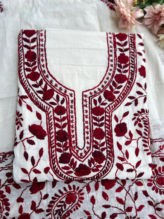 Ivory and Maroon  Hand Embroidered Cotton suit