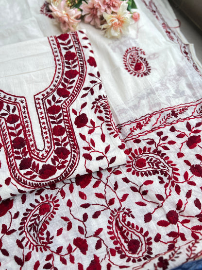 Ivory and Maroon  Hand Embroidered Cotton suit