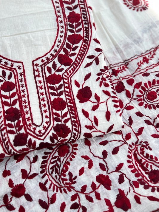 Ivory and Maroon  Hand Embroidered Cotton suit