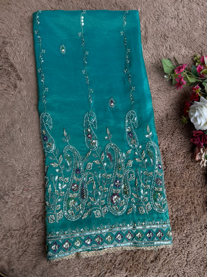 Radiant Teal Shimmer Silk Suit with Chiffon Dupatta