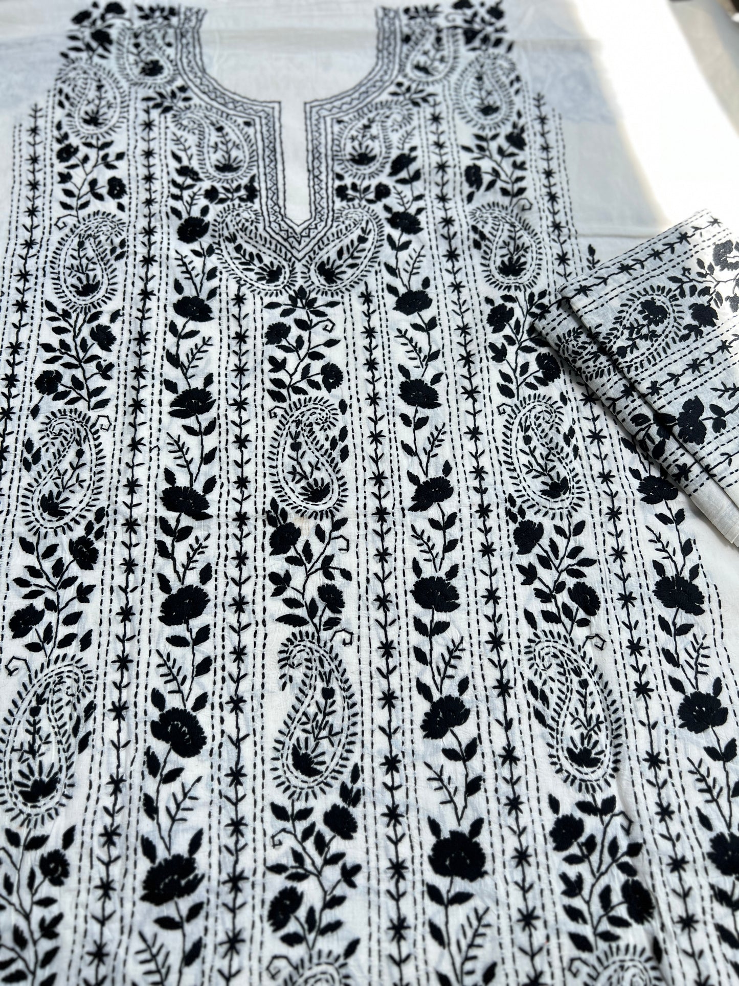 Black & White  green Hand Embroidered Cotto suit